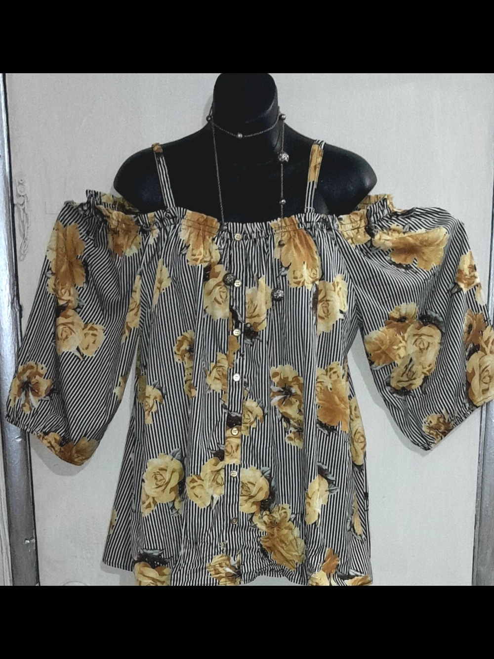 Striped Off-Shoulder Floral Button-Front Blouse in Yellow